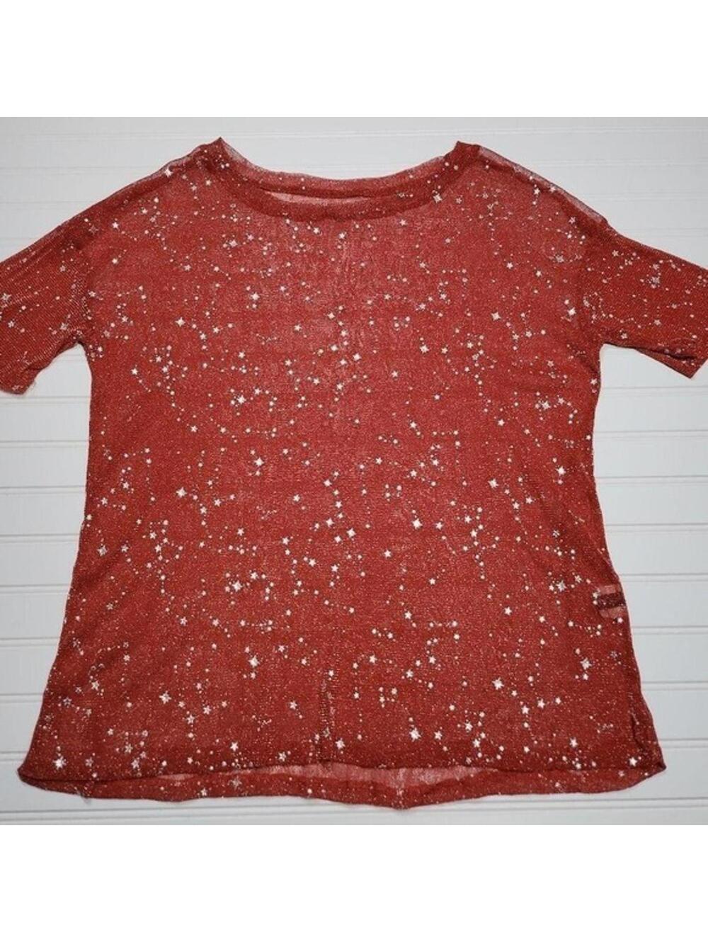 Rust Red Short Sleeve Women's T-shirt with Star Pattern Sheer